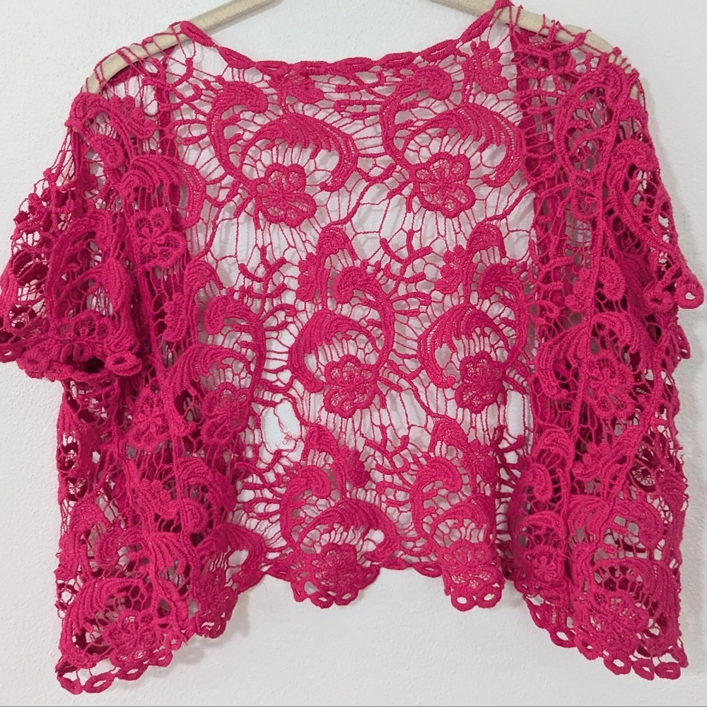 Vintage Y2K Open Crochet Short Sleeve Top Open Front Scalloped Knit Pink XL - Picture 7 of 7